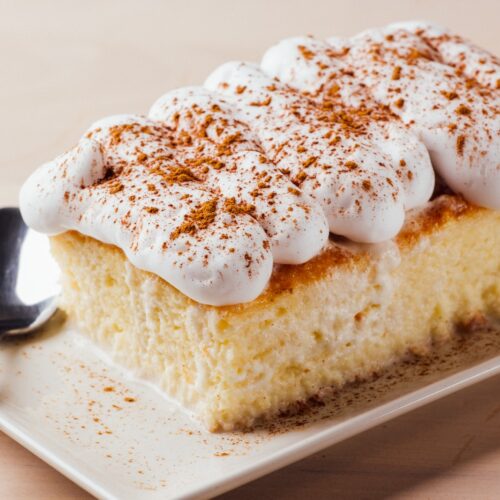 Tres leches cake, typical Latin American dessert, is made of condensed milk, evaporated milk and milk cream